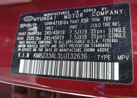 2020 Hyundai Tucson Sport from USA, damaged, VIN KM8J33AL3LU132636